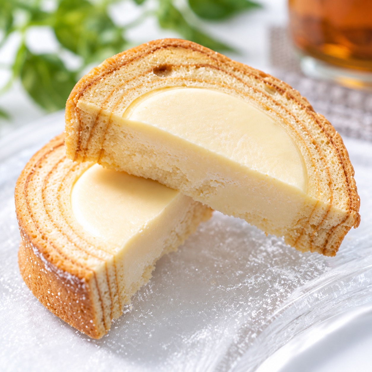 クリームを包んだバウムの断面とお茶